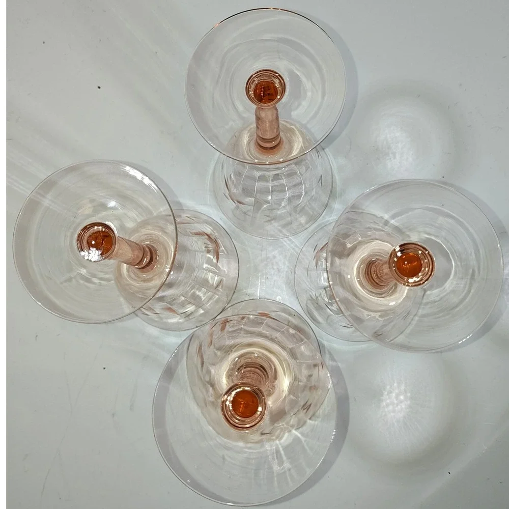Vintage Pink Depression Glass Water Goblets Set of 4 Etched Floral Optic Panel